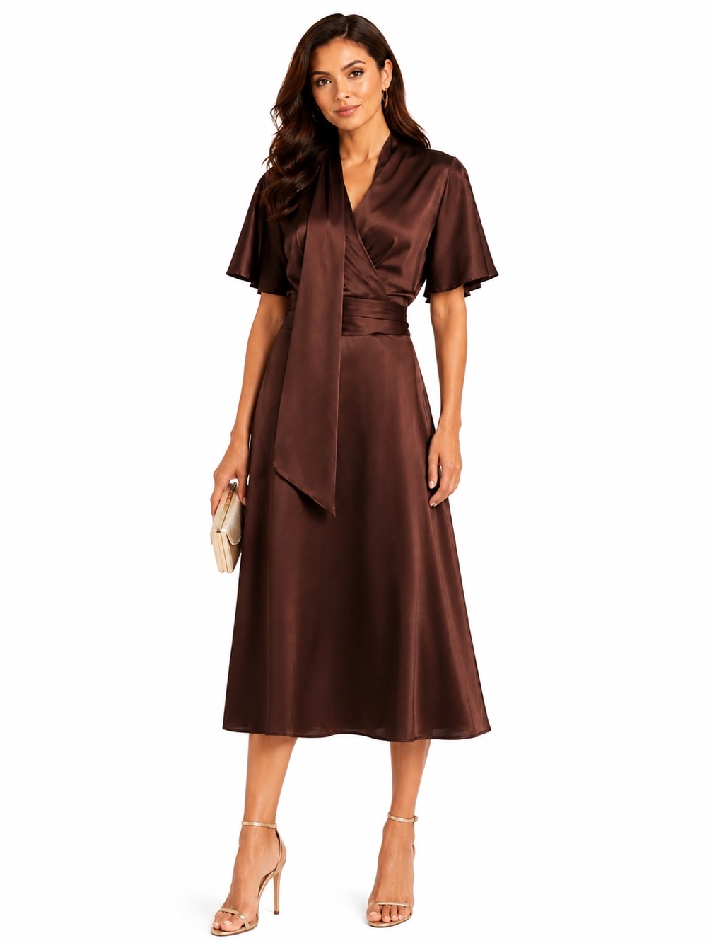 Alex Marie Giselle Satin Surplice Drape Front Kimono Sleeve Midi Dress Size 4